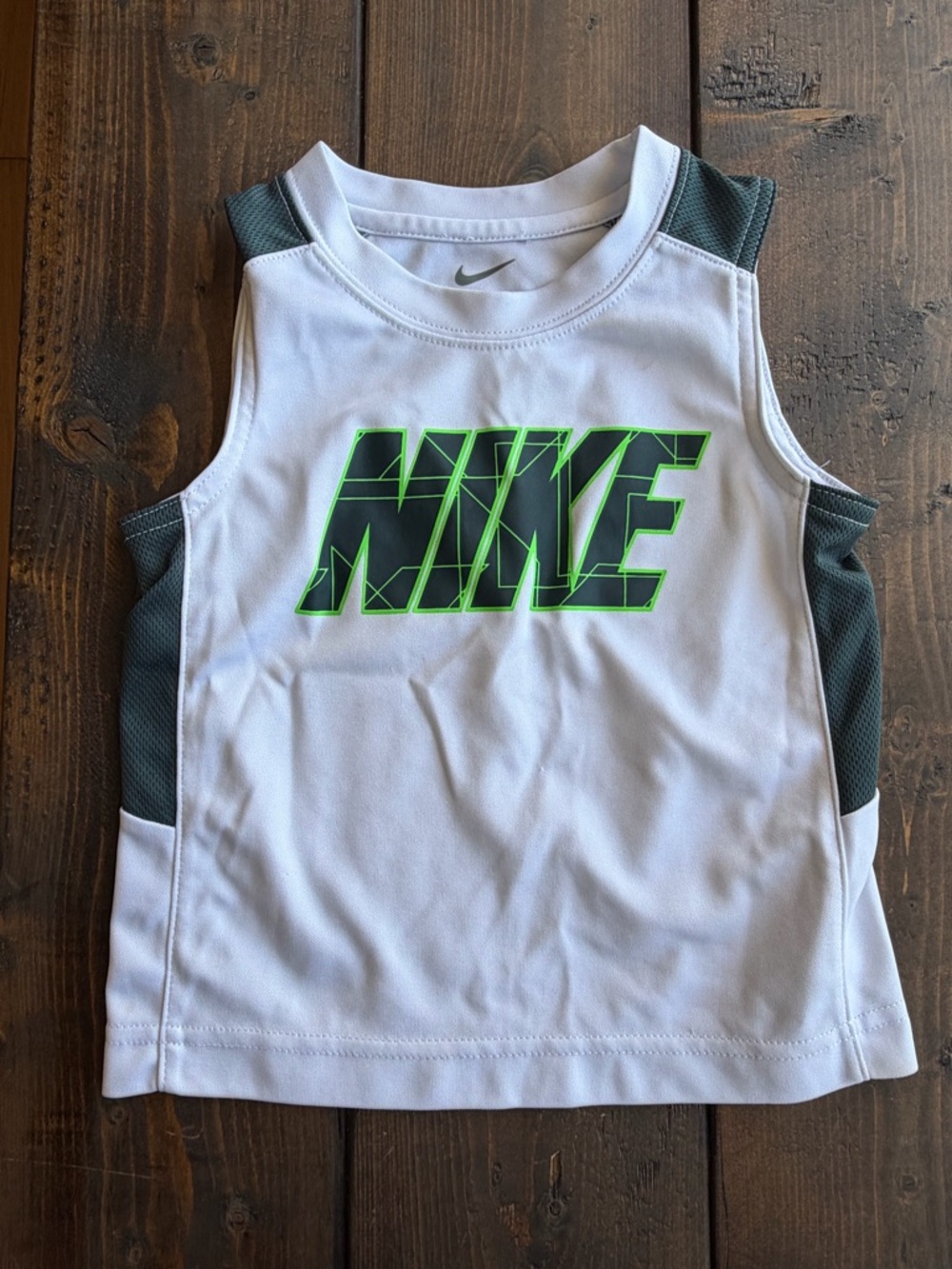2T Nike White Tank with Dark Grey Graphic and Neon Green Trimmed